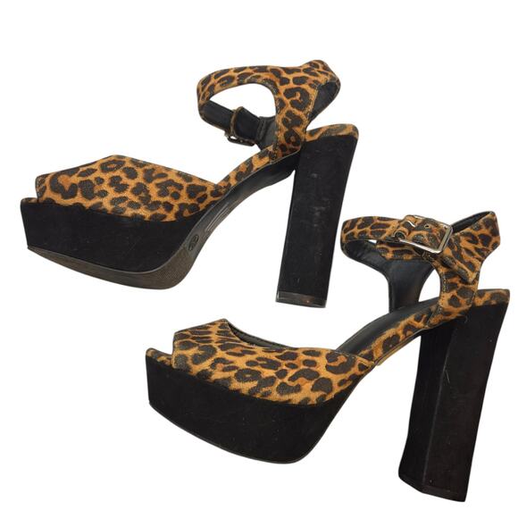 Women's 9.5 Leppard Print Platform Brown Sandal Shoe 5 Inch Heel 9 1/2 - Picture 3 of 8